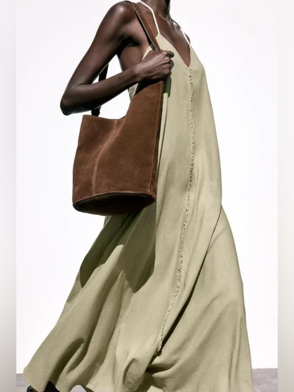 ZARA Linen Blend Olive Slip Maxi Dress with Rope Straps. S NWT